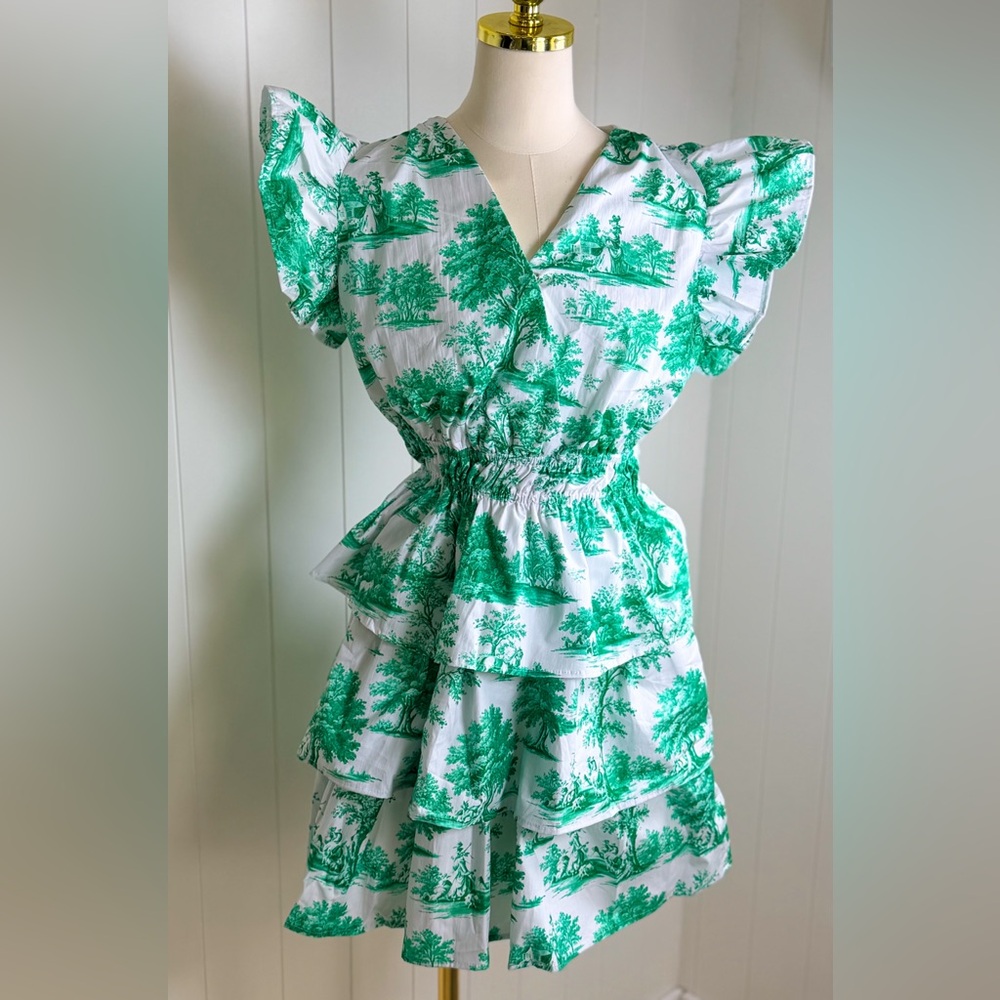 Prosperina Bridget Ruffle Eden Green Toile Ruffle Mini Dress